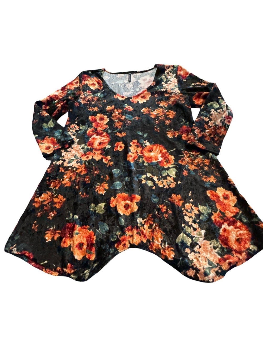 Witchy Dark Whimsigoth Velvet Floral Asymmetrical Handkerchief Hem Tunic Top L